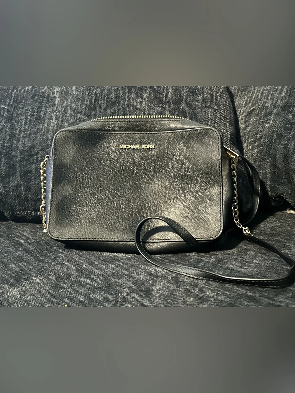 Michael Kors Black Leather Crossbody with Gold Chain Detail